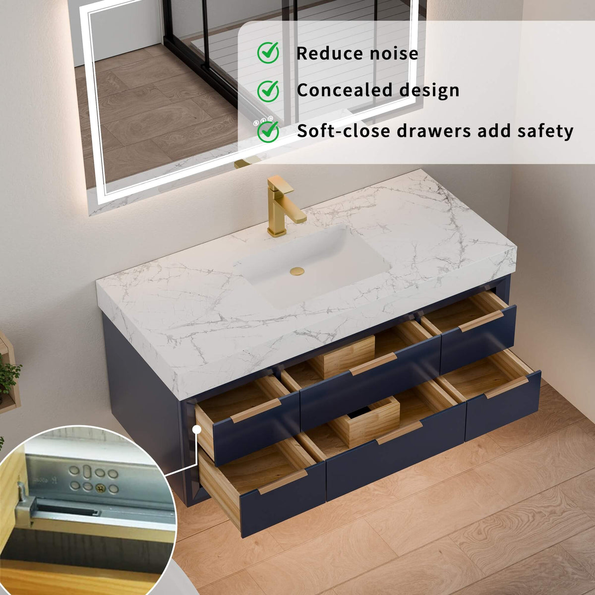 48-Inch Floating Bathroom Vanity with Sink, 6 Drawers & LED Lighting