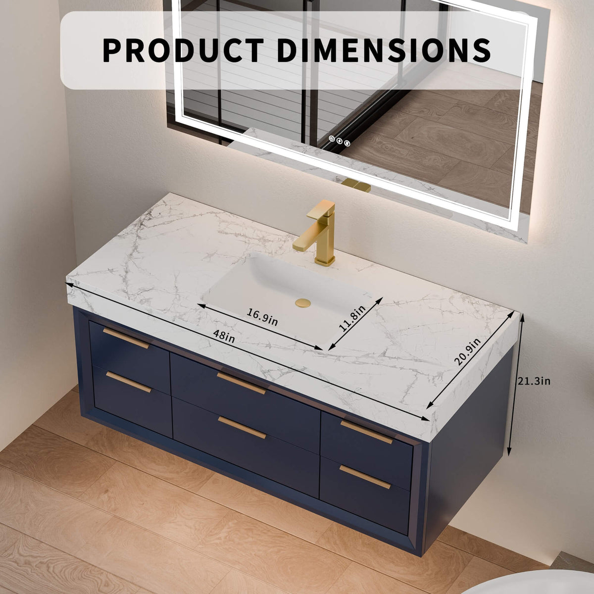 48-Inch Floating Bathroom Vanity with Sink, 6 Drawers & LED Lighting