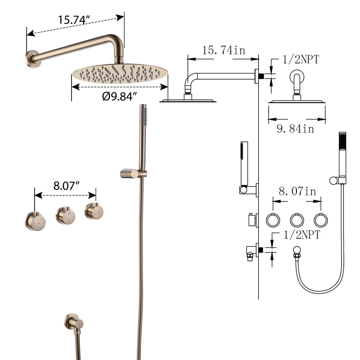 Brushed Gold 3-Handle Wall-Mounted Rain Shower System with Handheld