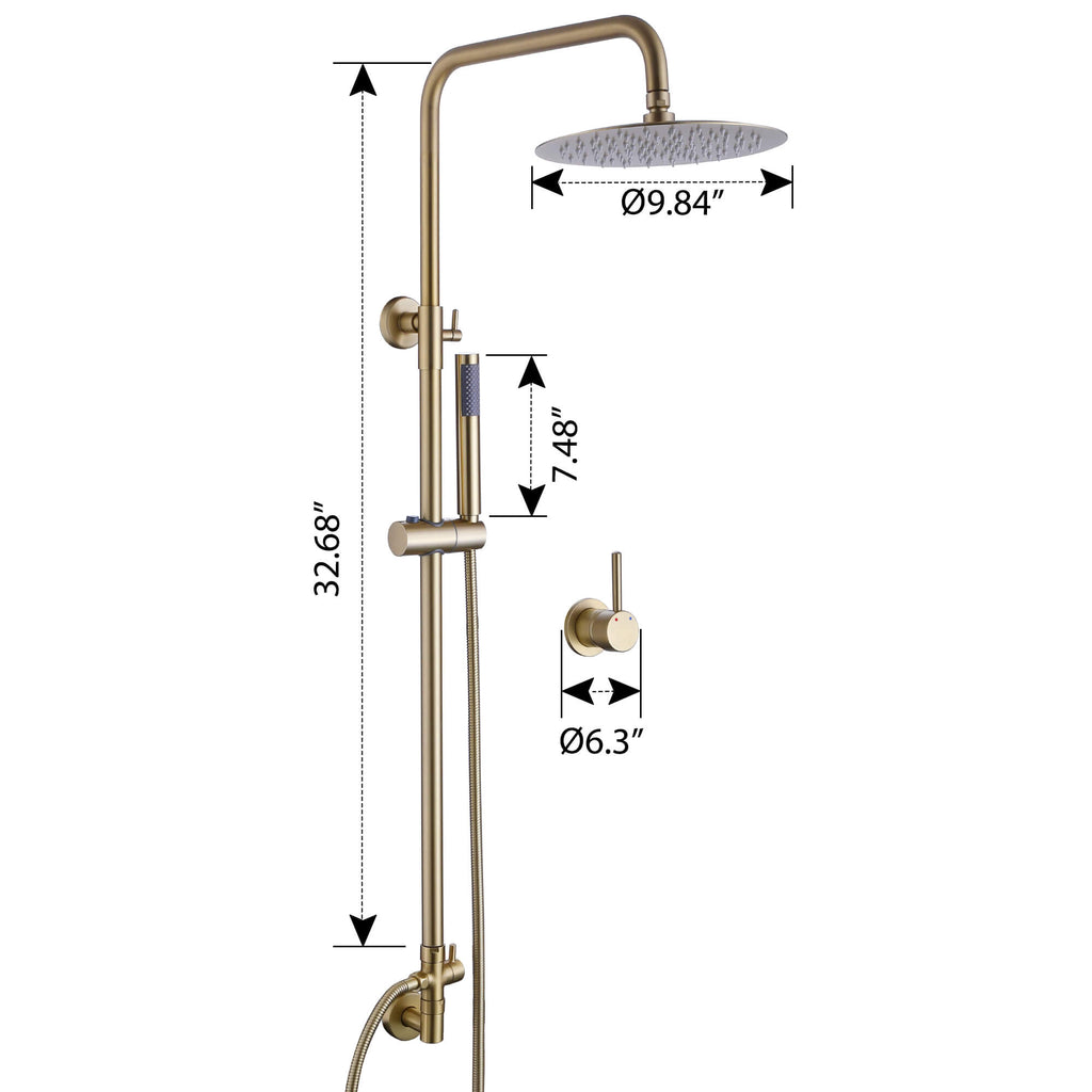10" Shower System Exposed Brushed Gold Bathroom Shower Combo Set