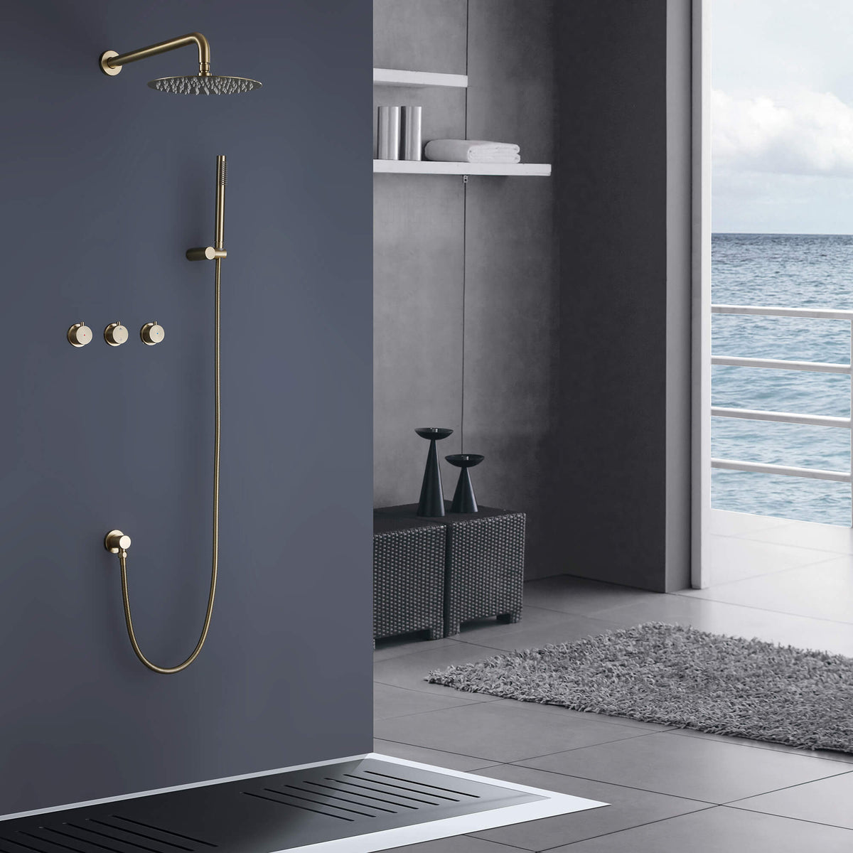 Brushed Gold 3-Handle Wall-Mounted Rain Shower System with Handheld
