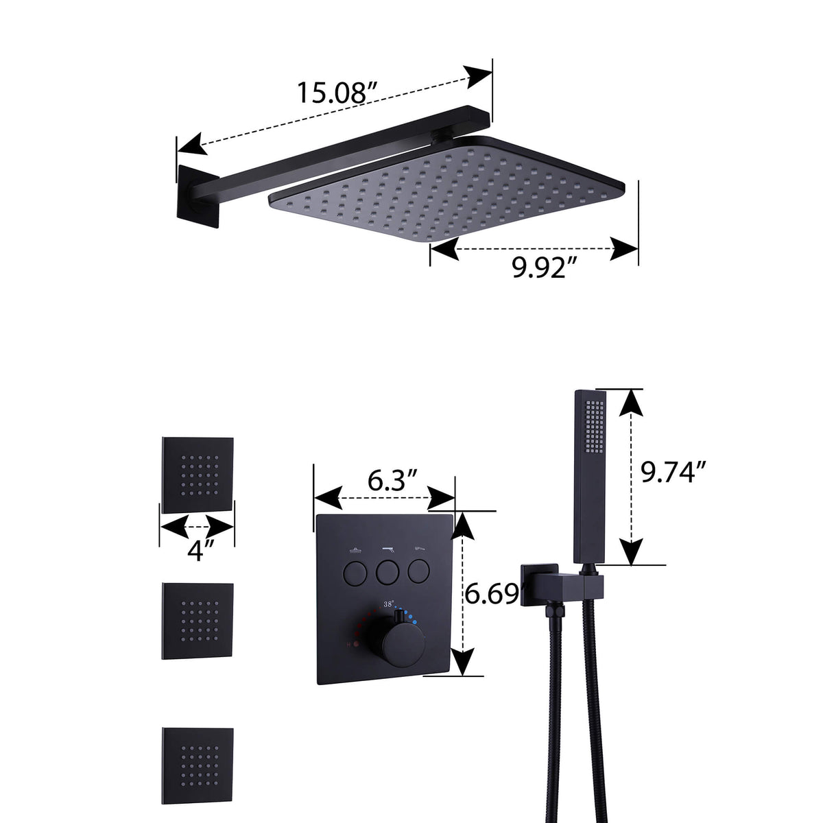 Thermostatic Shower System with 3 Body Jets and Button Control