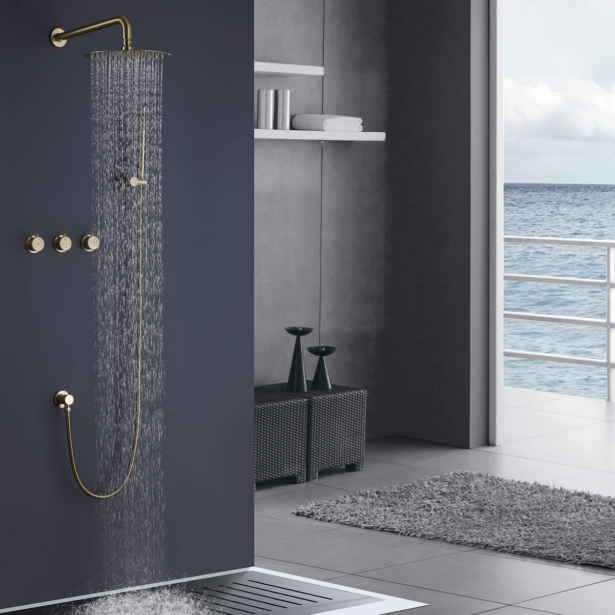 Brushed Gold 3-Handle Wall-Mounted Rain Shower System with Handheld
