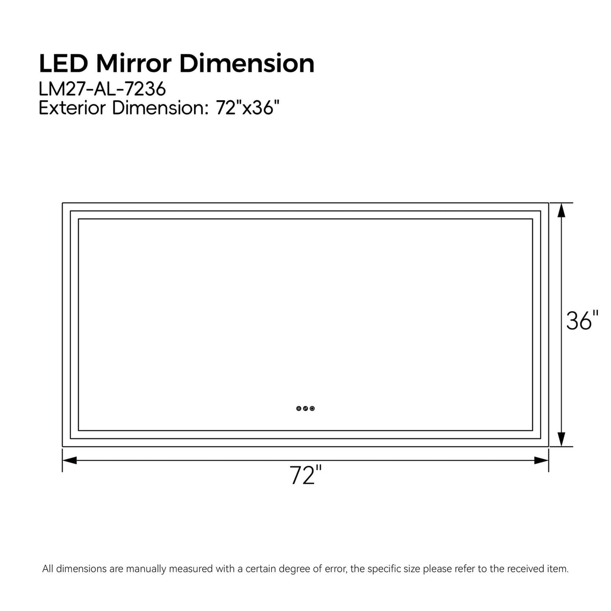 72 × 36 inch LED bathroom mirror dimensions for model LM27-AL-7236