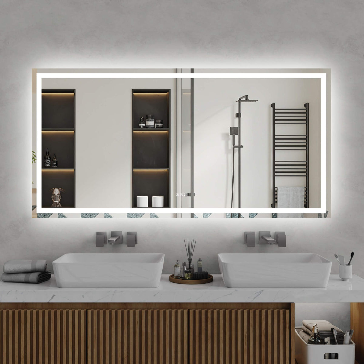 72 × 36 LED bathroom mirror with front and back lighting above a double vanity