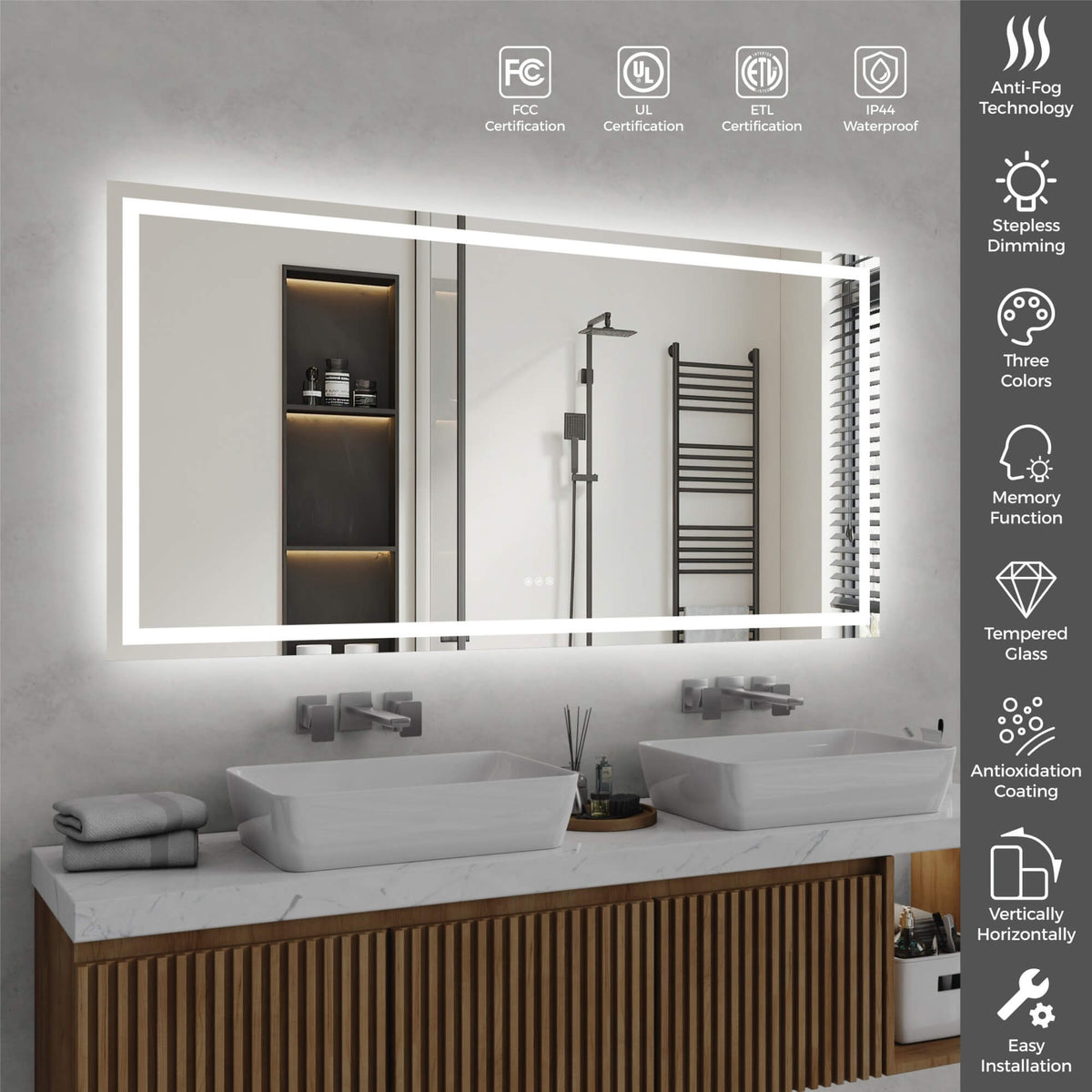72 × 36 lighted bathroom mirror with anti-fog, dimming, three color temperatures and memory function