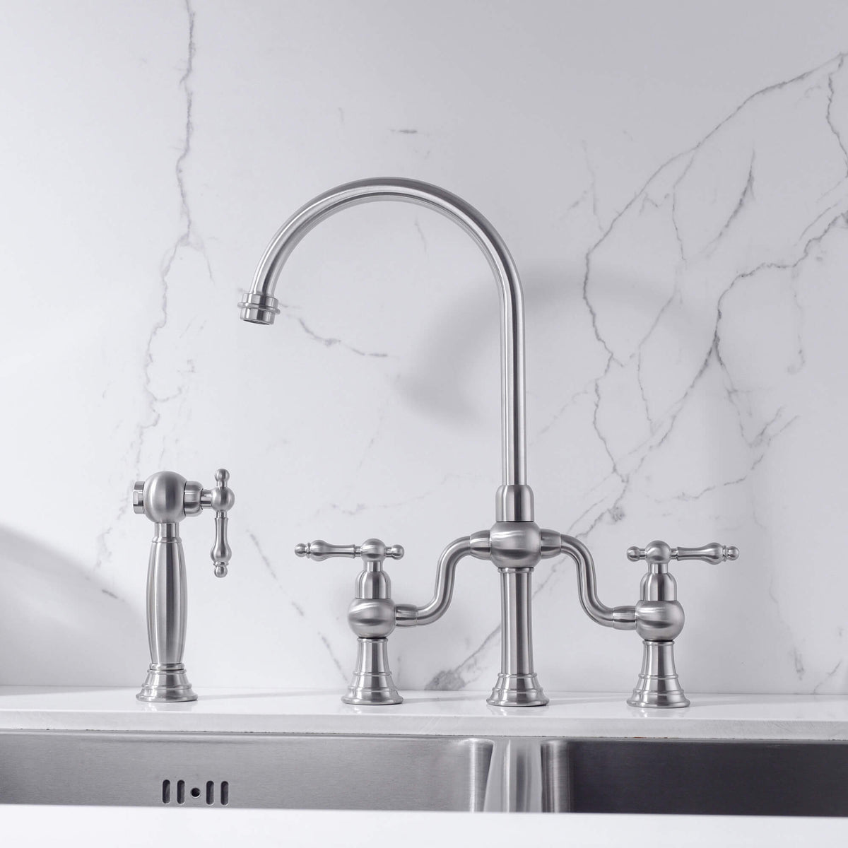 8-Inch Bridge Kitchen Faucet with Side Sprayer 360° Swivel Spout