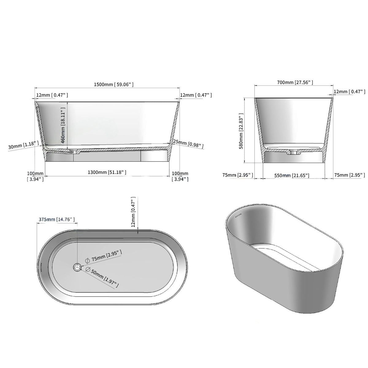 Oval Stone Resin Soaking Tub in Matte White with Drain & Overflow