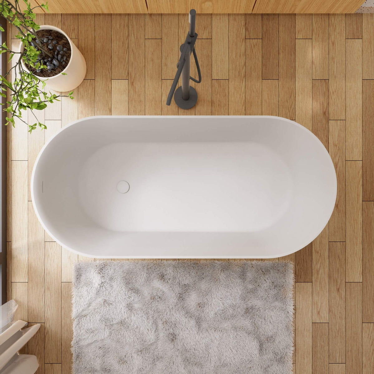 Oval Stone Resin Soaking Tub in Matte White with Drain & Overflow