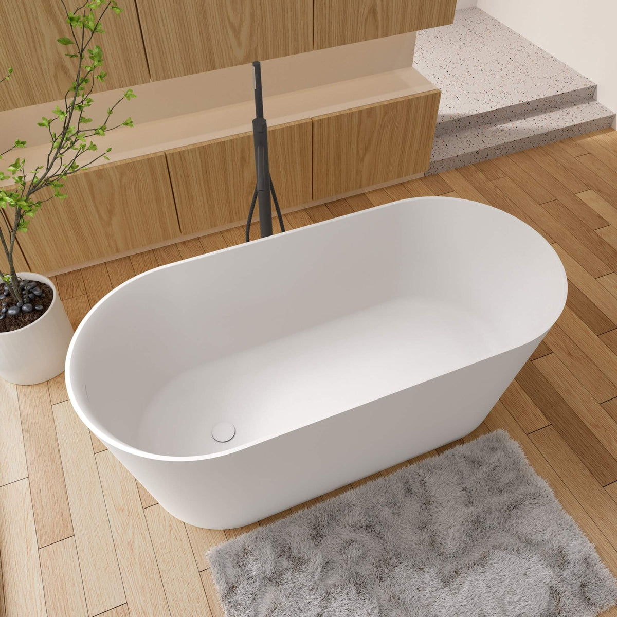 Oval Stone Resin Soaking Tub in Matte White with Drain & Overflow