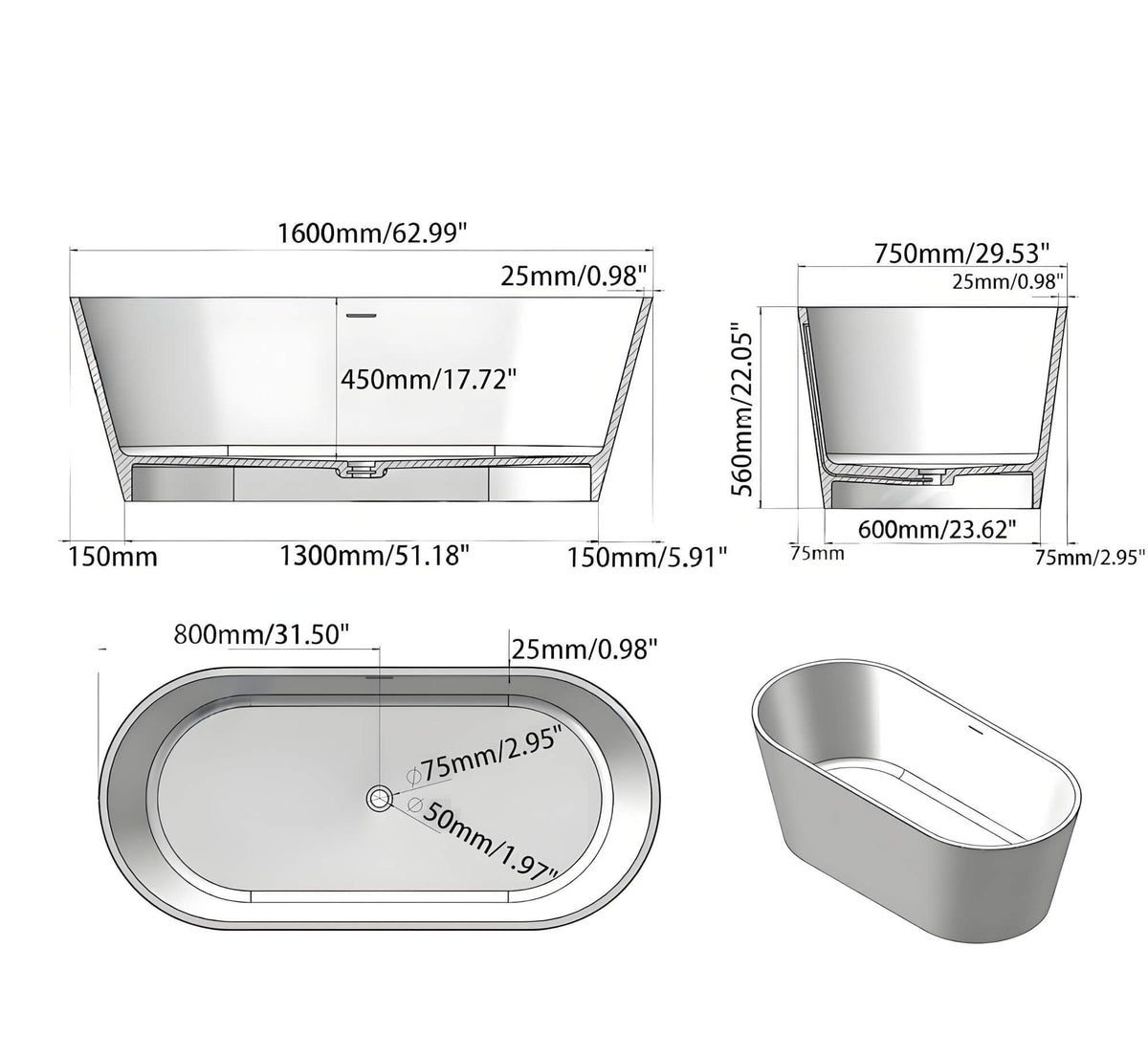 Oval Stone Resin Soaking Tub in Matte White with Drain & Overflow