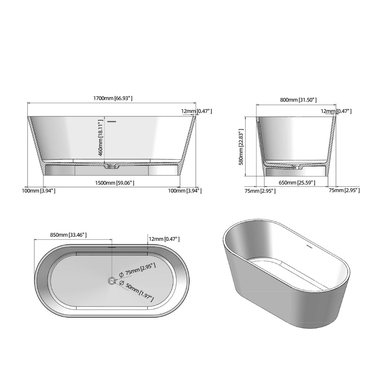 Oval Stone Resin Soaking Tub in Matte White with Drain & Overflow