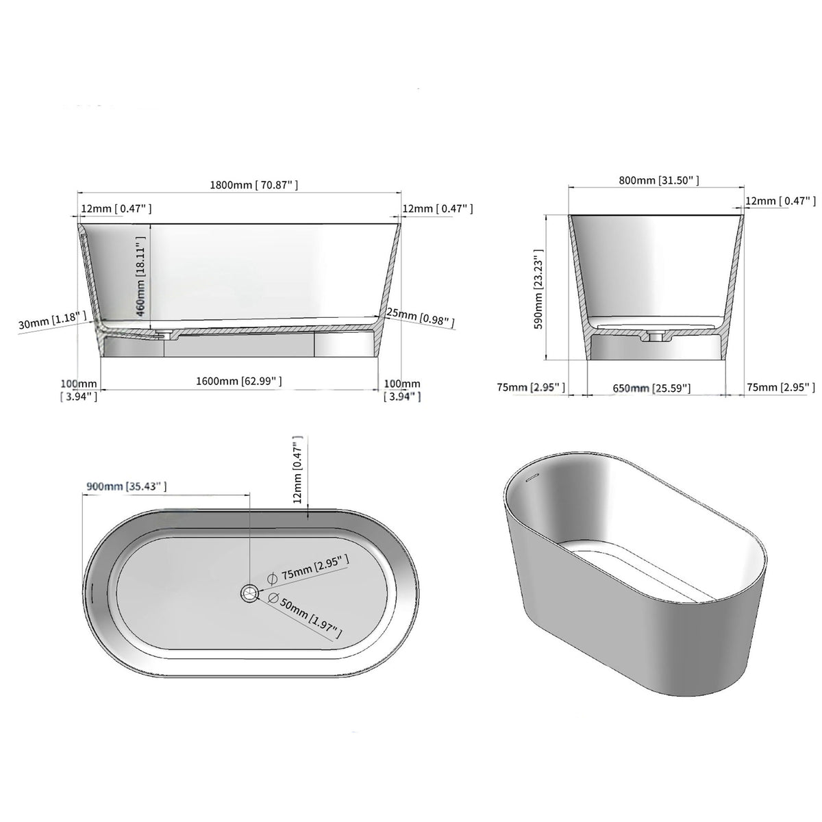 Oval Stone Resin Soaking Tub in Matte White with Drain & Overflow