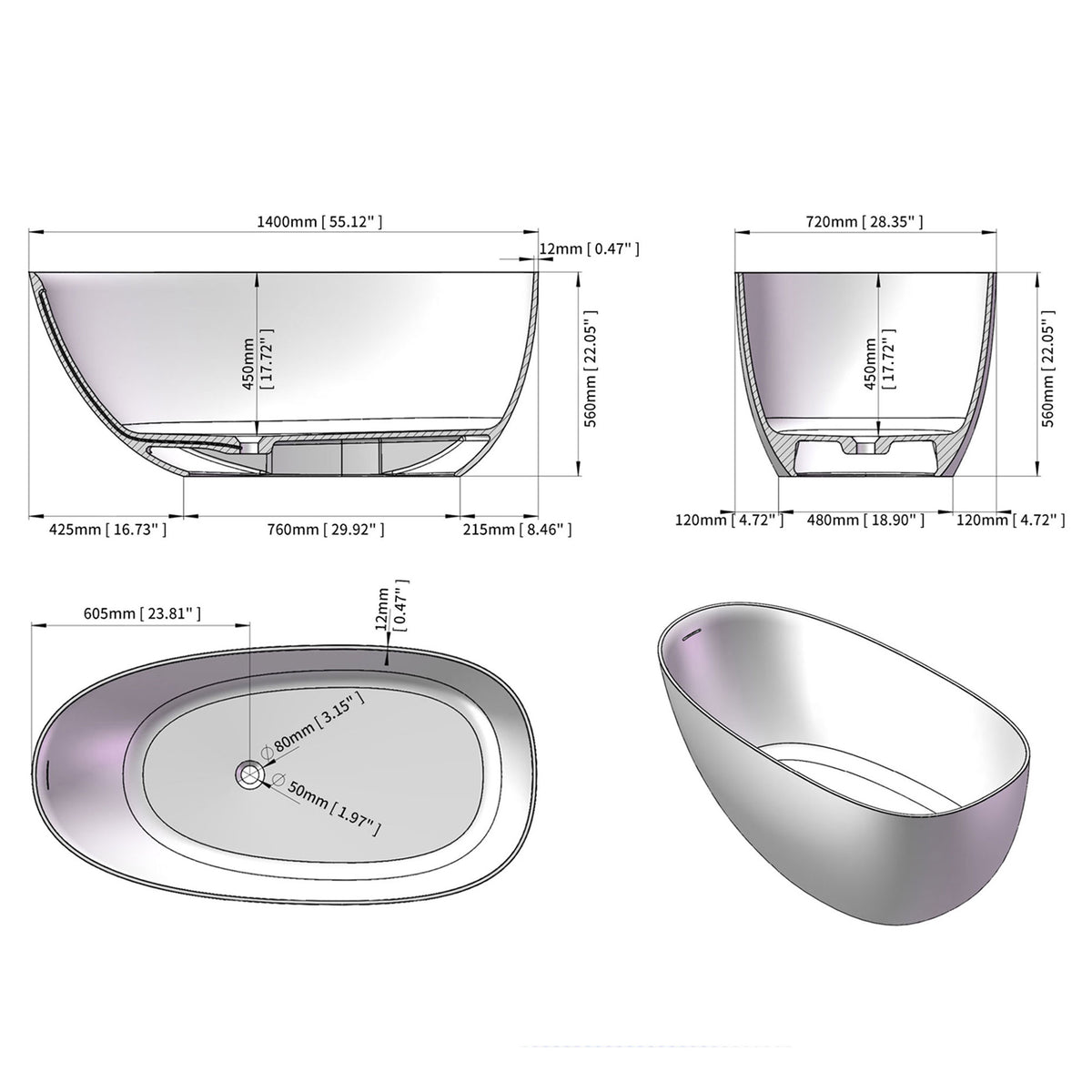 Slip-Resistant Stone Resin Freestanding Soaking Bathtub