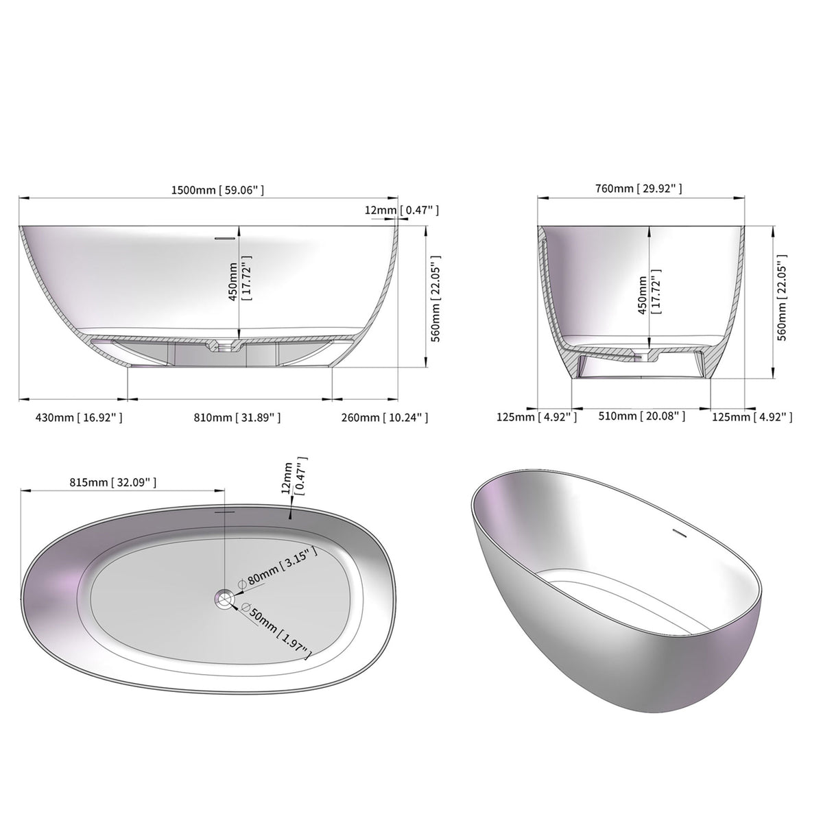 Slip-Resistant Stone Resin Freestanding Soaking Bathtub