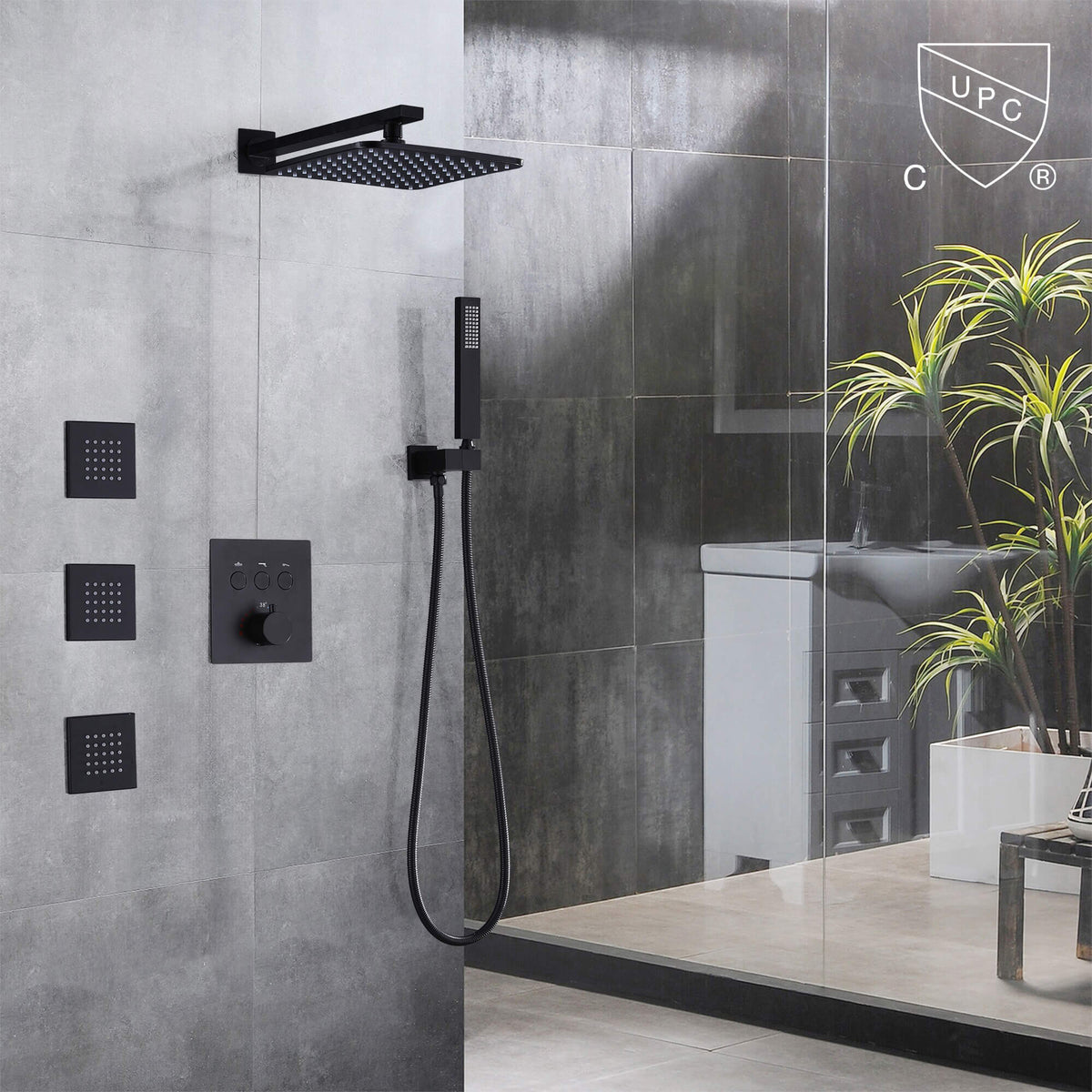 Thermostatic Shower System with 3 Body Jets and Button Control