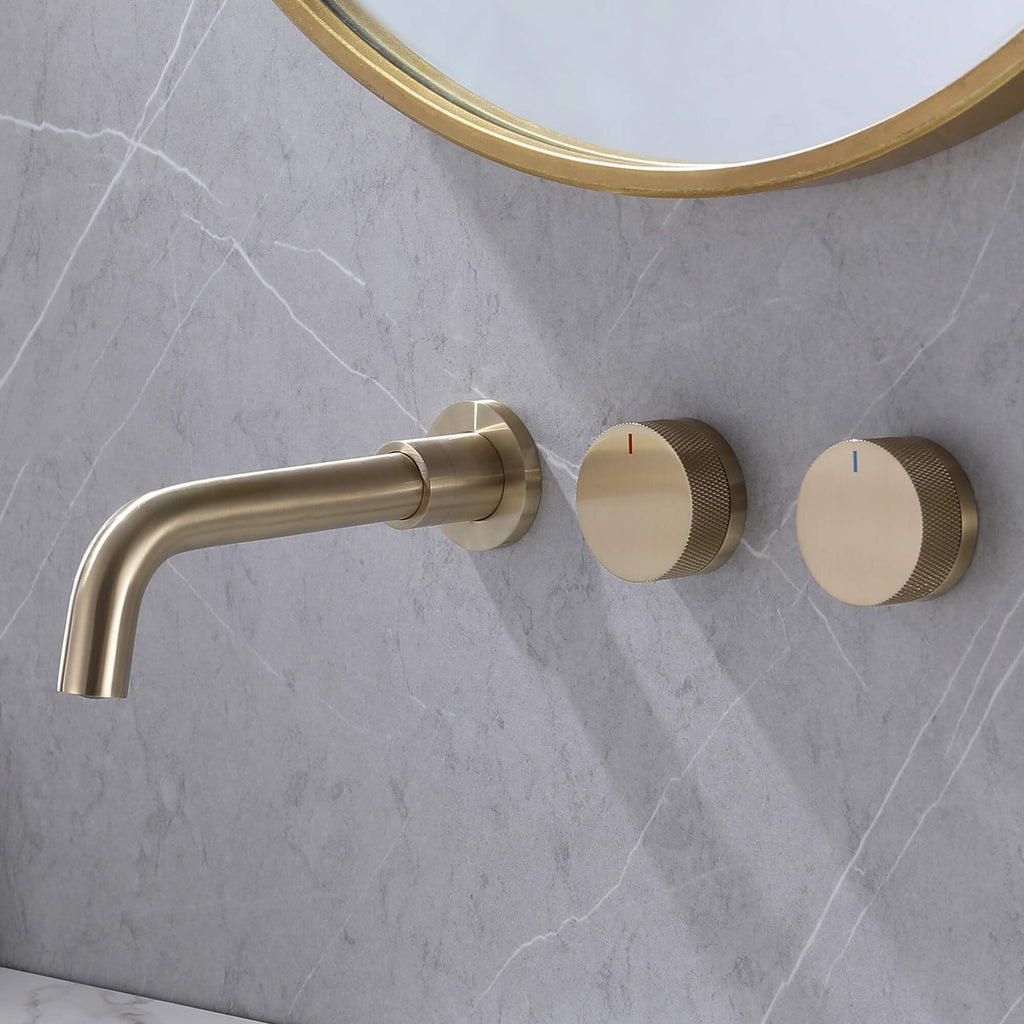wall mount 2-handle bathroom sink faucet brushed gold detail
