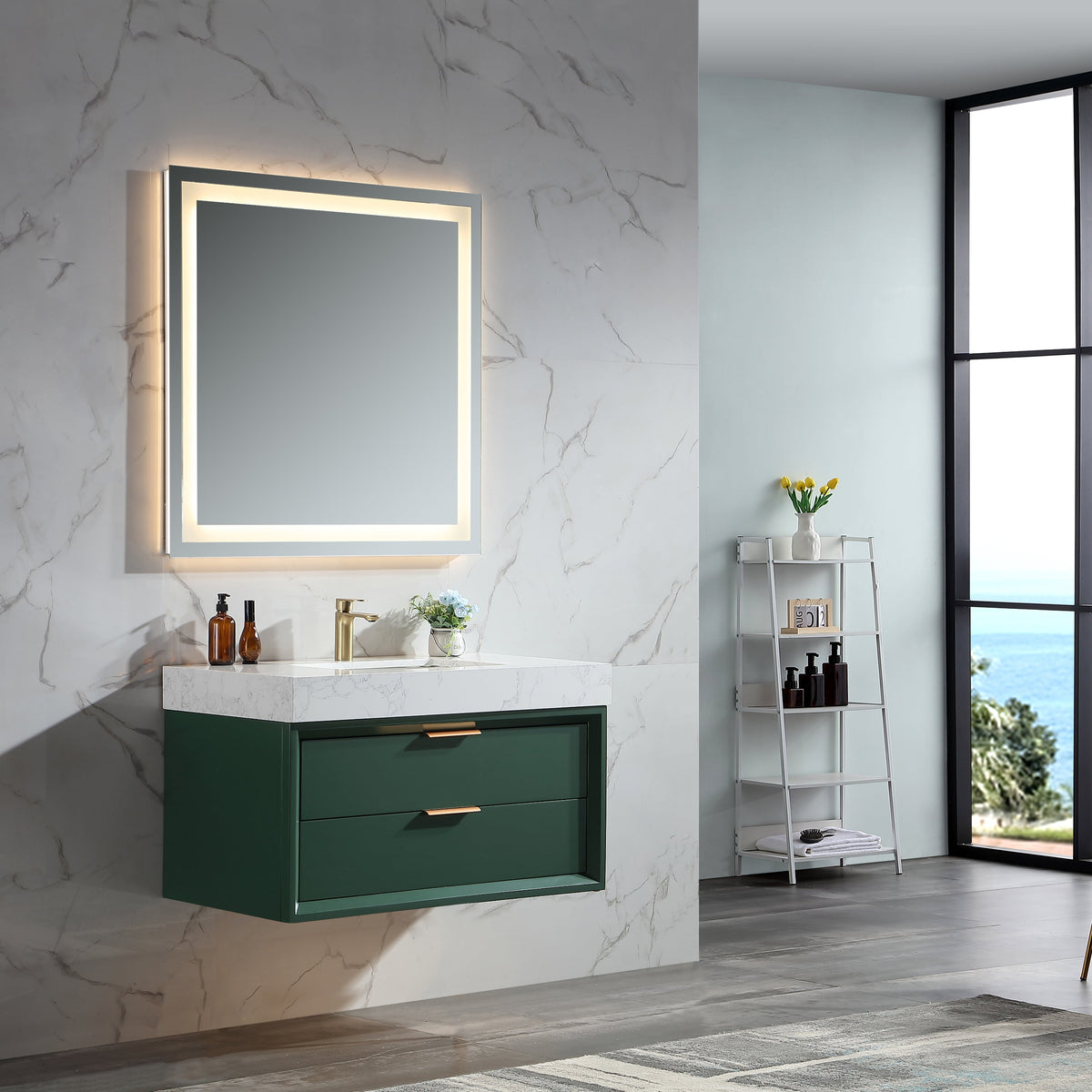 Green wall-mounted bathroom vanity with two drawers and white countertop