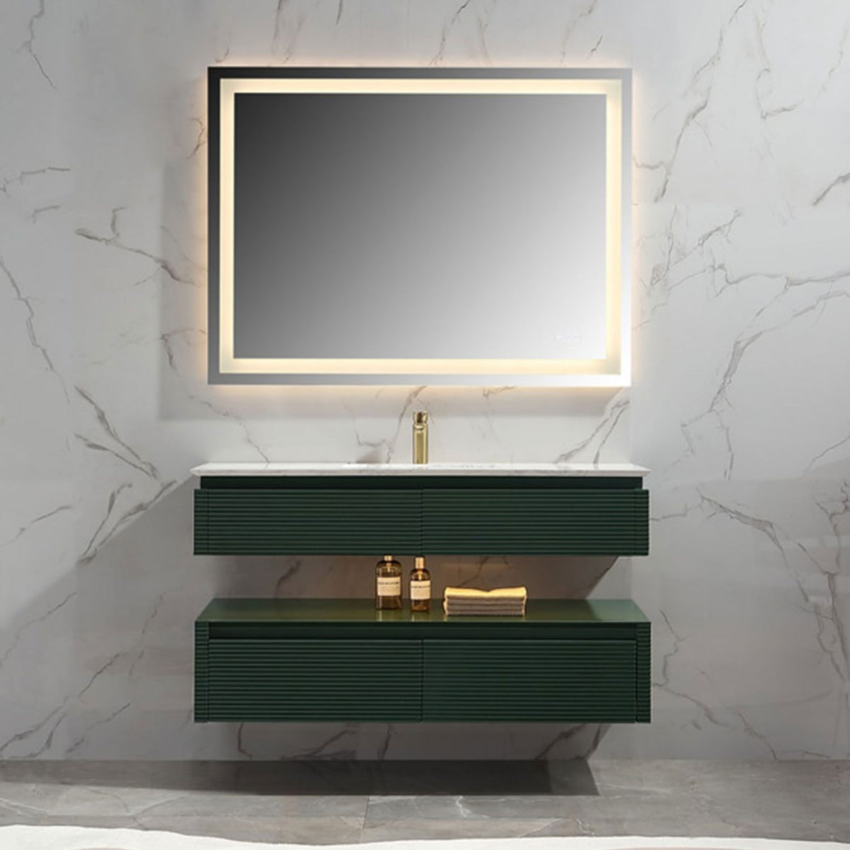 48-Inch Floating Bathroom Vanity Cabinet with Quartz Top and LED Lighting