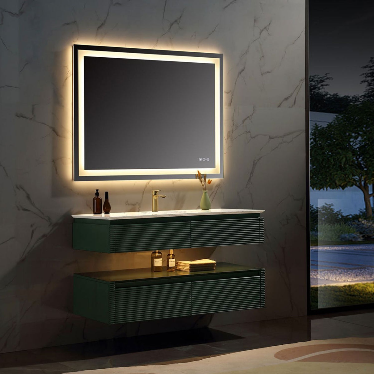 48-Inch Floating Bathroom Vanity Cabinet with Quartz Top and LED Lighting