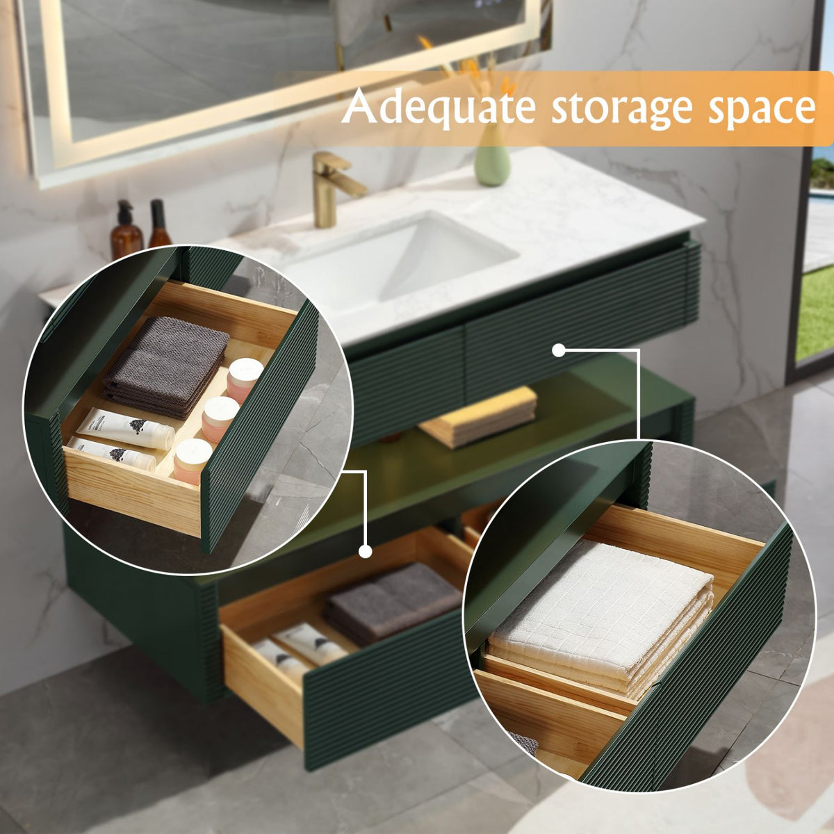 48-Inch Floating Bathroom Vanity Cabinet with Quartz Top and LED Lighting