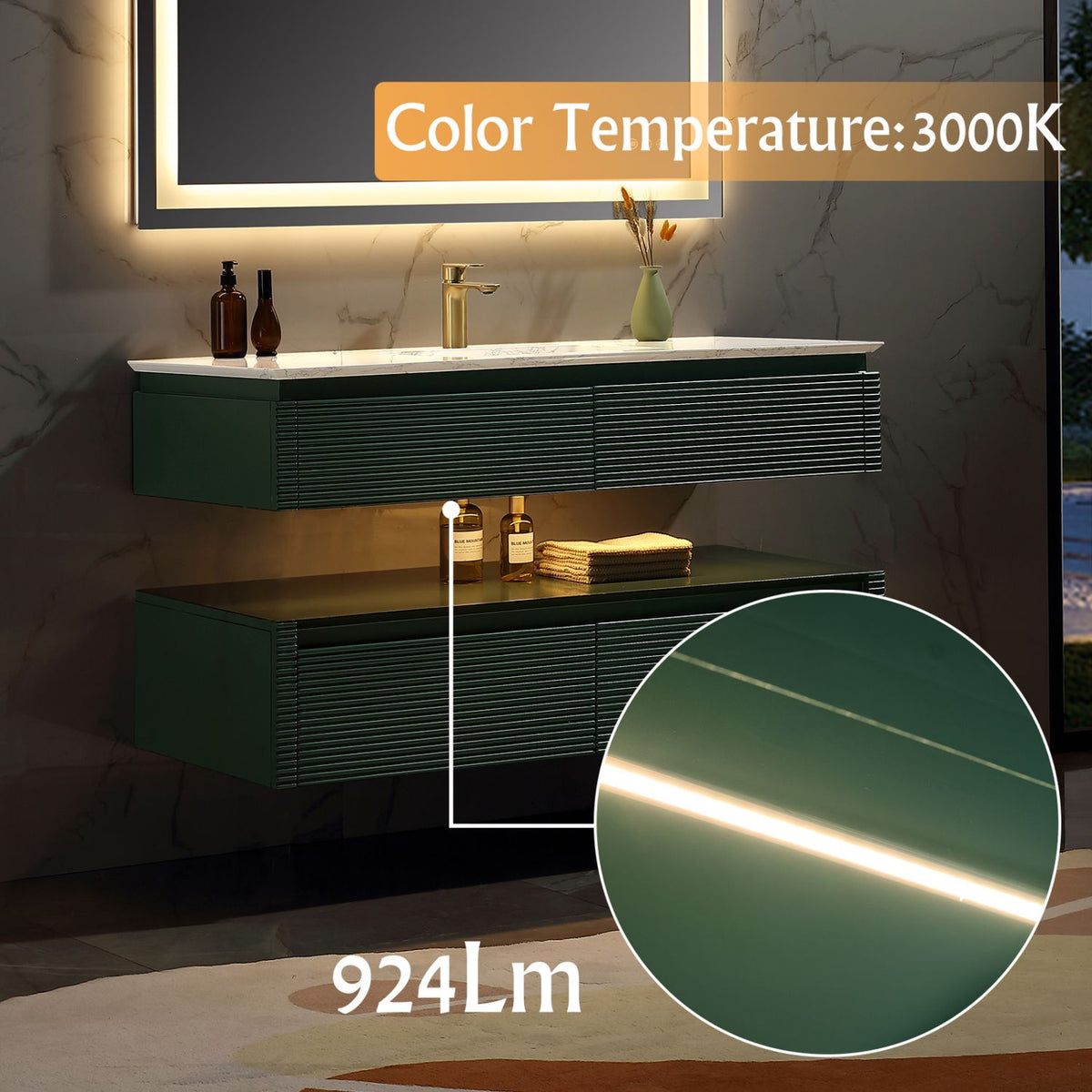 48-Inch Floating Bathroom Vanity Cabinet with Quartz Top and LED Lighting