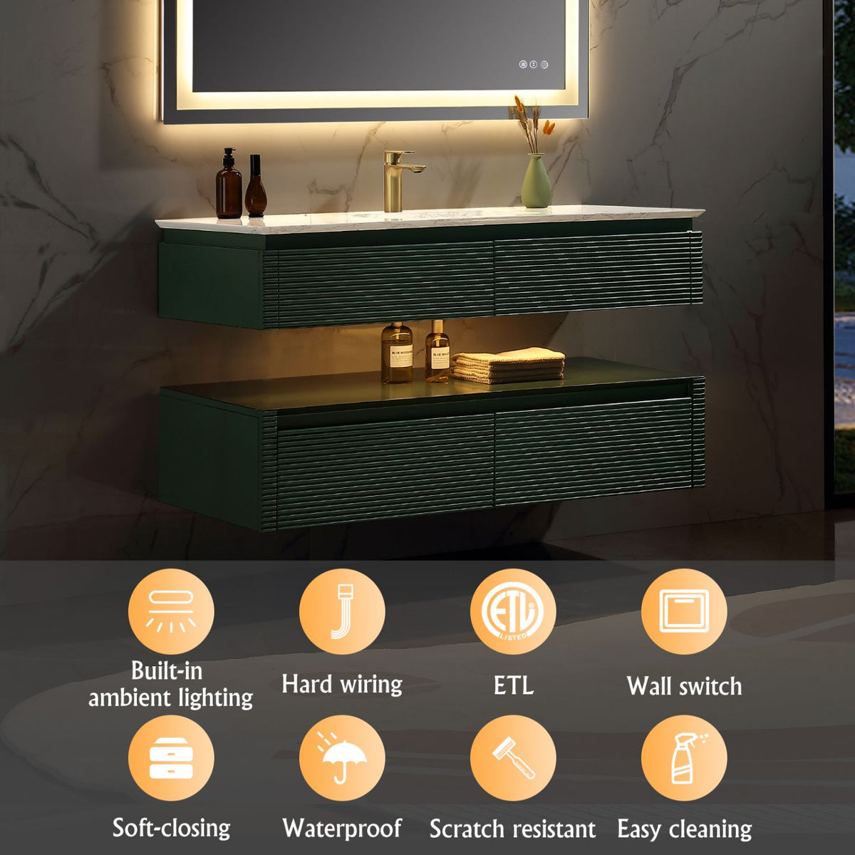 48-Inch Floating Bathroom Vanity Cabinet with Quartz Top and LED Lighting