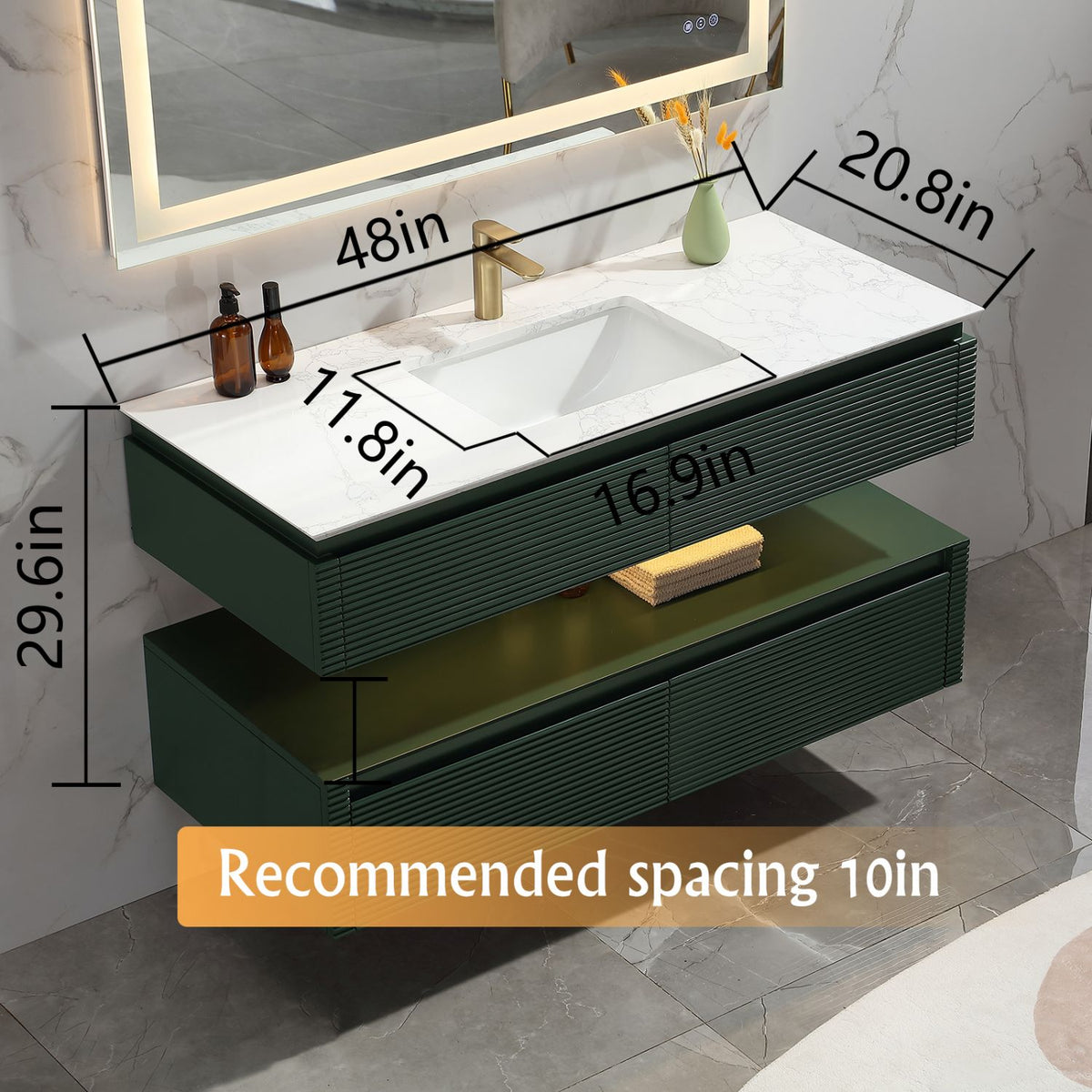 48-Inch Floating Bathroom Vanity Cabinet with Quartz Top and LED Lighting