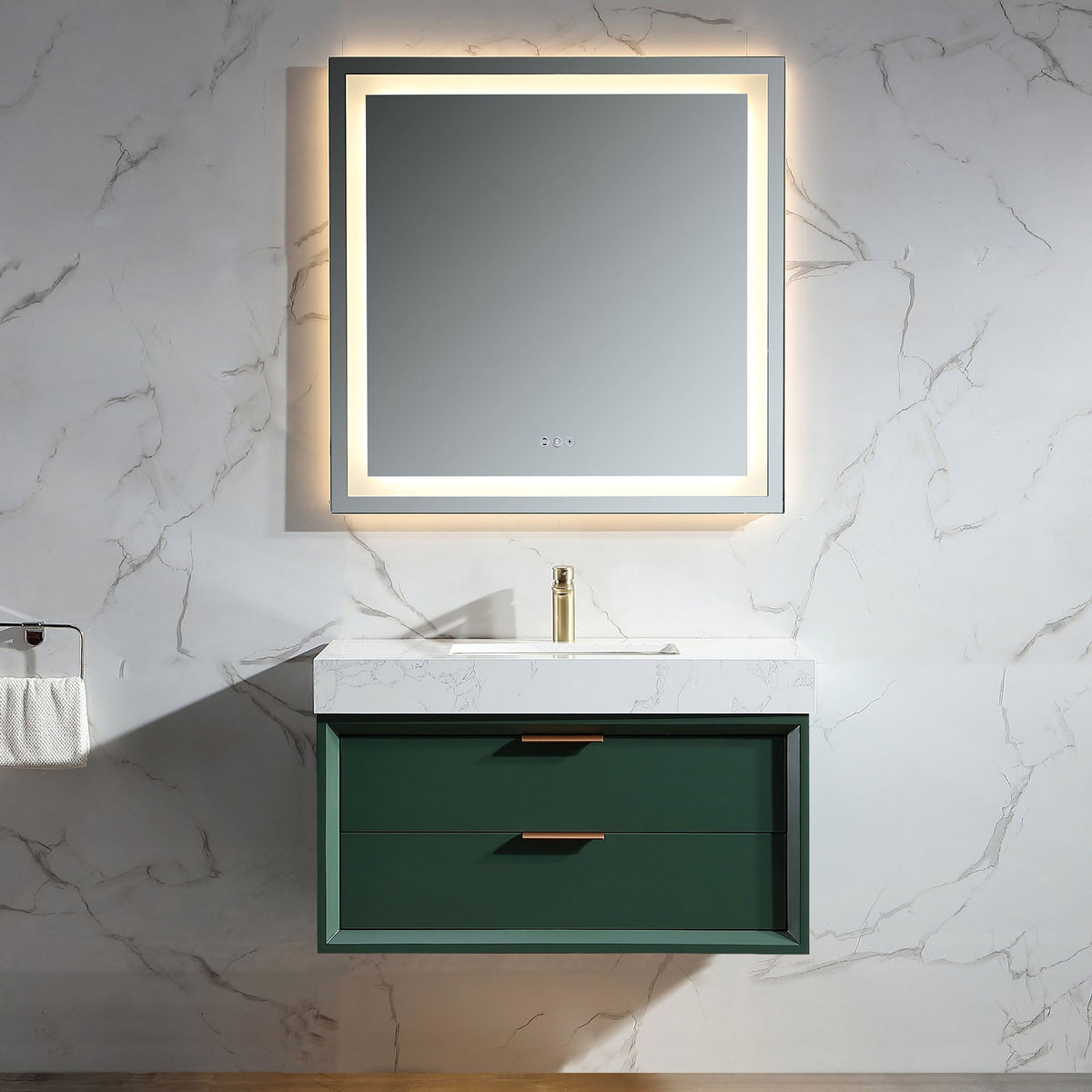 Front view of green floating vanity with two soft-close drawers