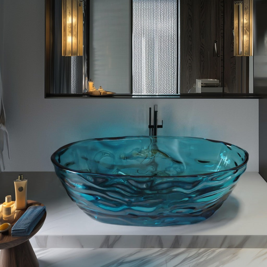 Transparent Blue Acrylic Resin Freestanding Soaking Bathtub