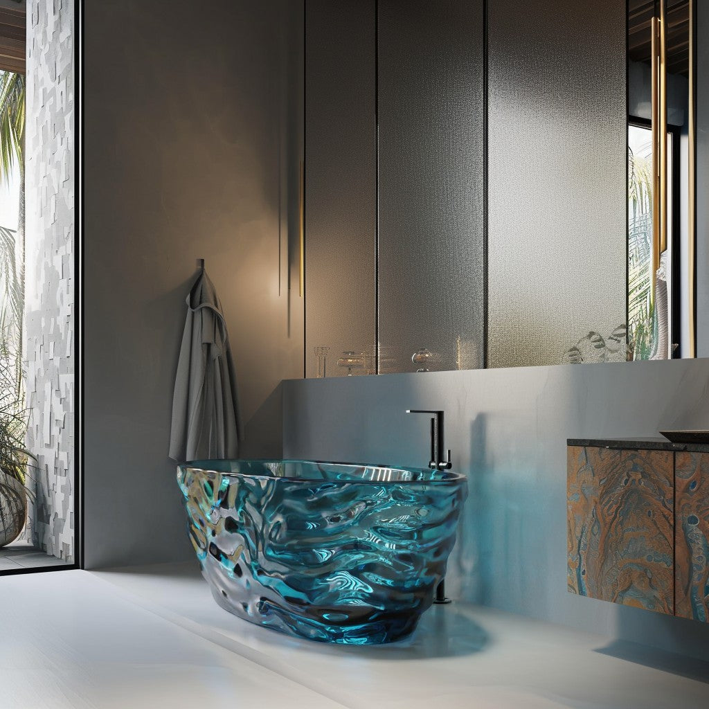 Transparent Blue Acrylic Resin Freestanding Soaking Bathtub