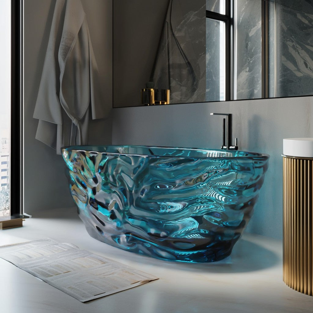 Transparent Blue Acrylic Resin Freestanding Soaking Bathtub