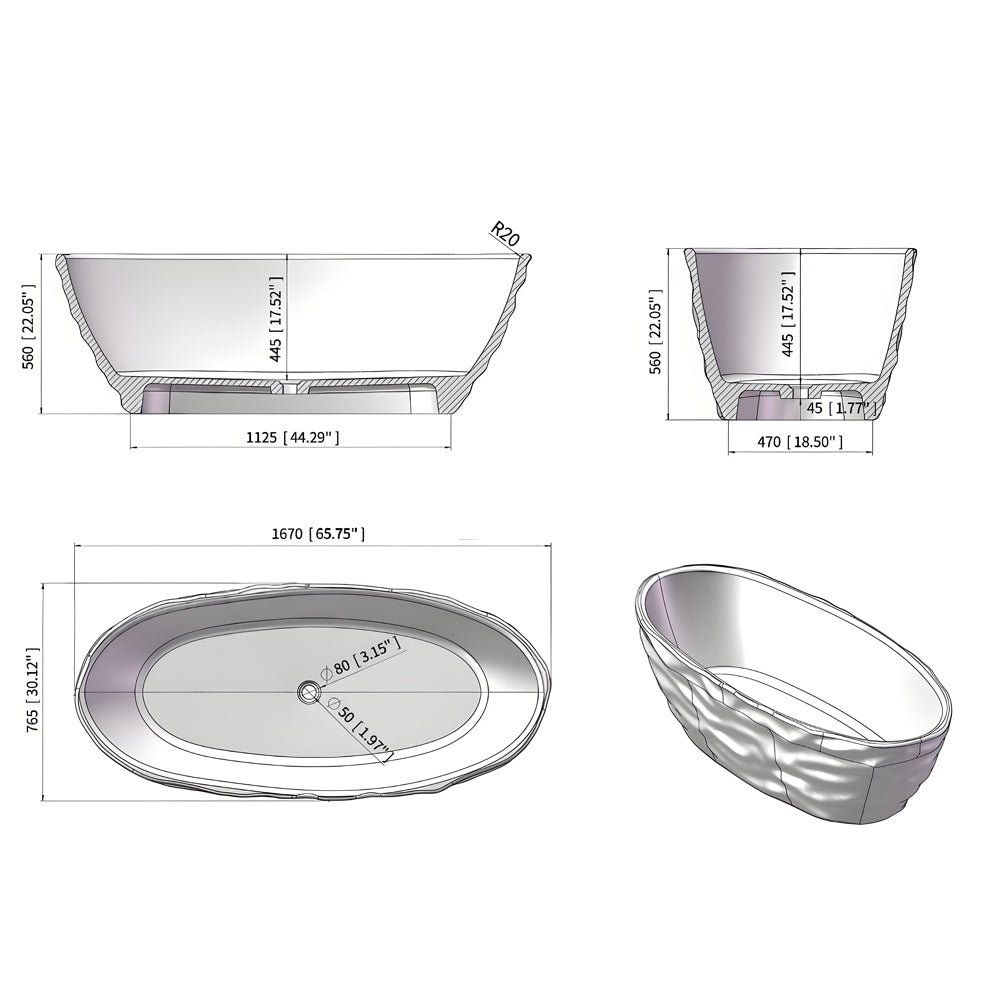 Transparent Blue Acrylic Resin Freestanding Soaking Bathtub