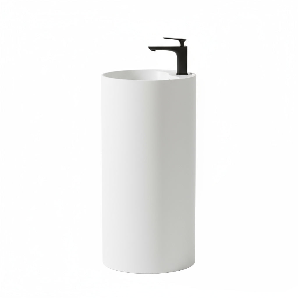 35-Inch Modern Freestanding Pedestal Sink Round Resin Stone Bathroom Basin with Overflow and Pop-Up Drain