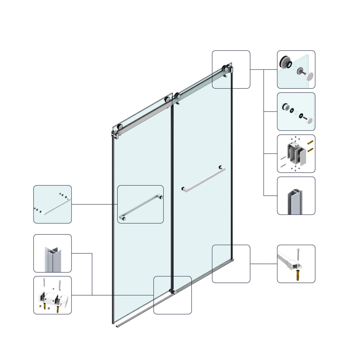 Frameless Double Sliding Glass Shower Door 60 x 76 Inch 10mm Tempered Glass Adjustable Width Soft Close Waterproof Modern Bathroom