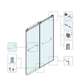 Frameless Double Sliding Glass Shower Door 60 x 76 Inch 10mm Tempered Glass Adjustable Width Soft Close Waterproof Modern Bathroom