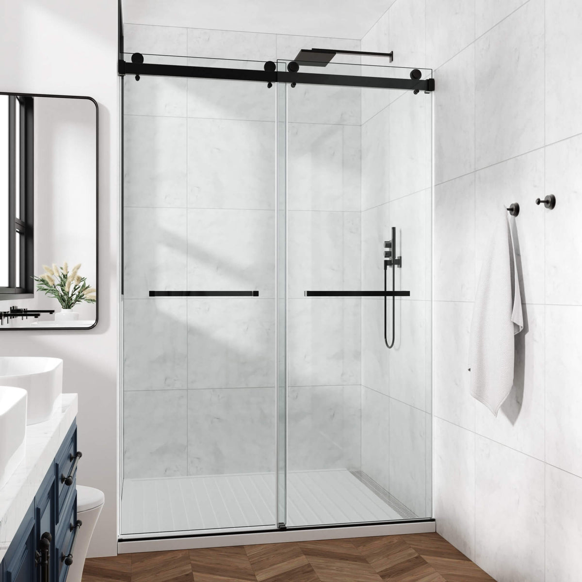 Frameless Double Sliding Glass Shower Door 60 x 76 Inch 10mm Tempered Glass Adjustable Width Soft Close Waterproof Modern Bathroom