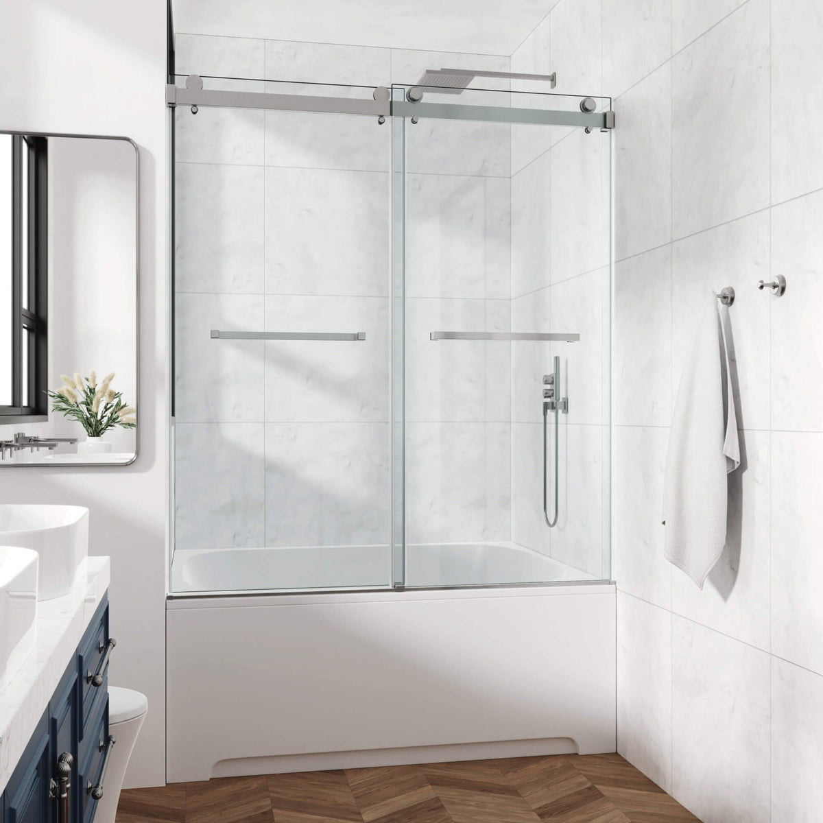Frameless Double Sliding Glass Shower Door 60 x 76 Inch 10mm Tempered Glass Adjustable Width Soft Close Waterproof Modern Bathroom