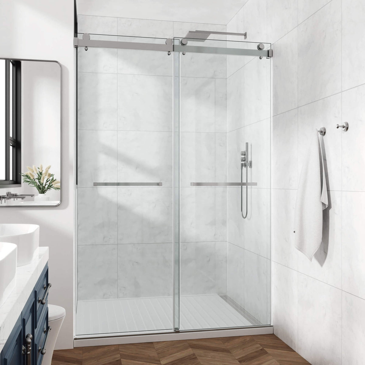 Frameless Double Sliding Glass Shower Door 60 x 76 Inch 10mm Tempered Glass Adjustable Width Soft Close Waterproof Modern Bathroom