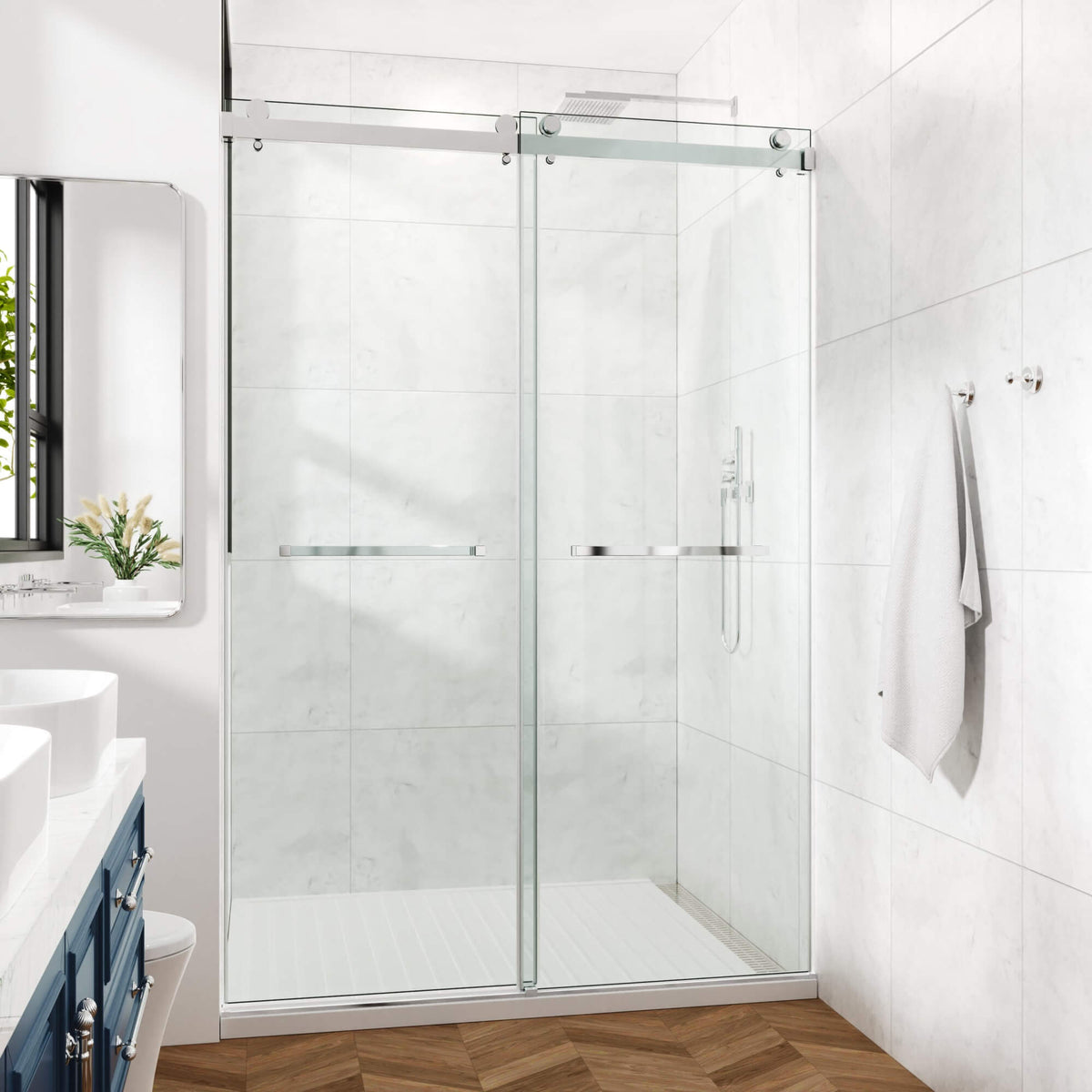 Frameless Double Sliding Glass Shower Door 60 x 76 Inch 10mm Tempered Glass Adjustable Width Soft Close Waterproof Modern Bathroom