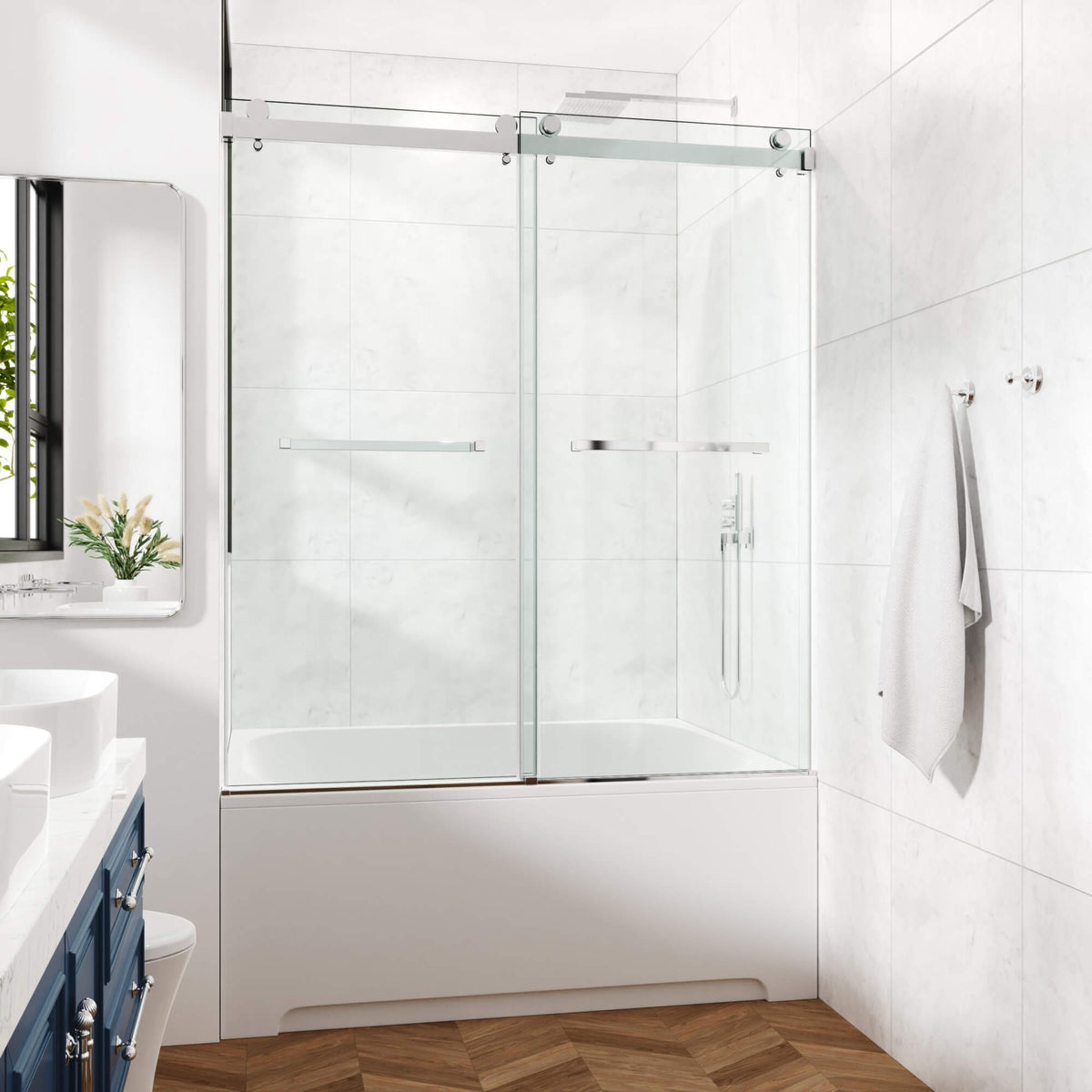 Frameless Double Sliding Glass Shower Door 60 x 76 Inch 10mm Tempered Glass Adjustable Width Soft Close Waterproof Modern Bathroom