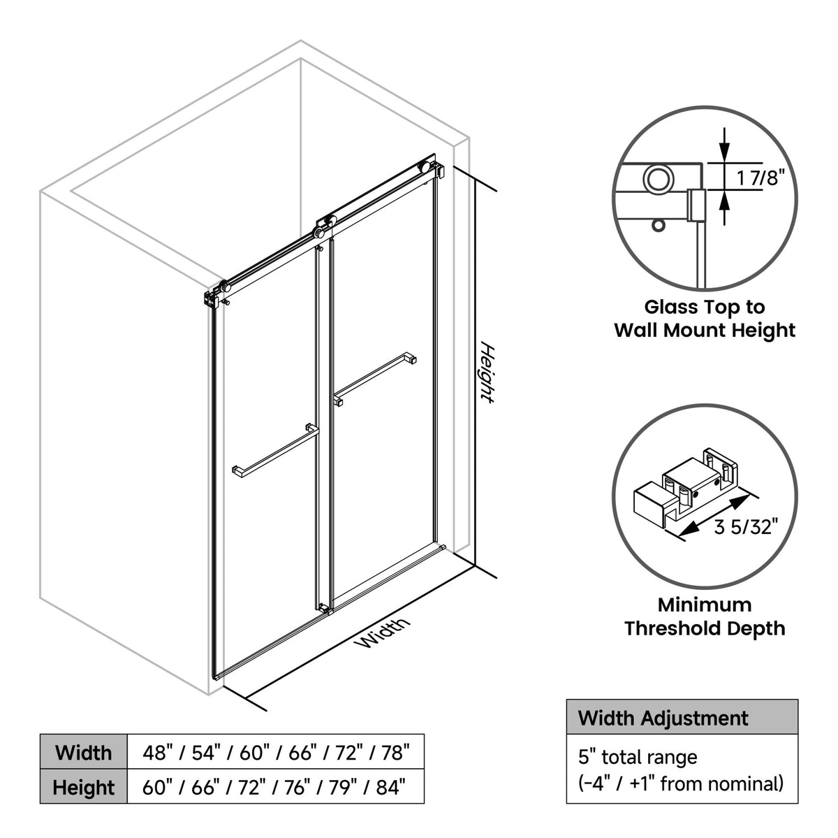 72 in. W × 76 in. H Frameless Double Sliding Shower Door