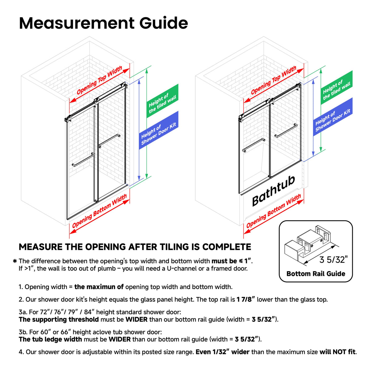 72 in. W × 76 in. H Frameless Double Sliding Shower Door