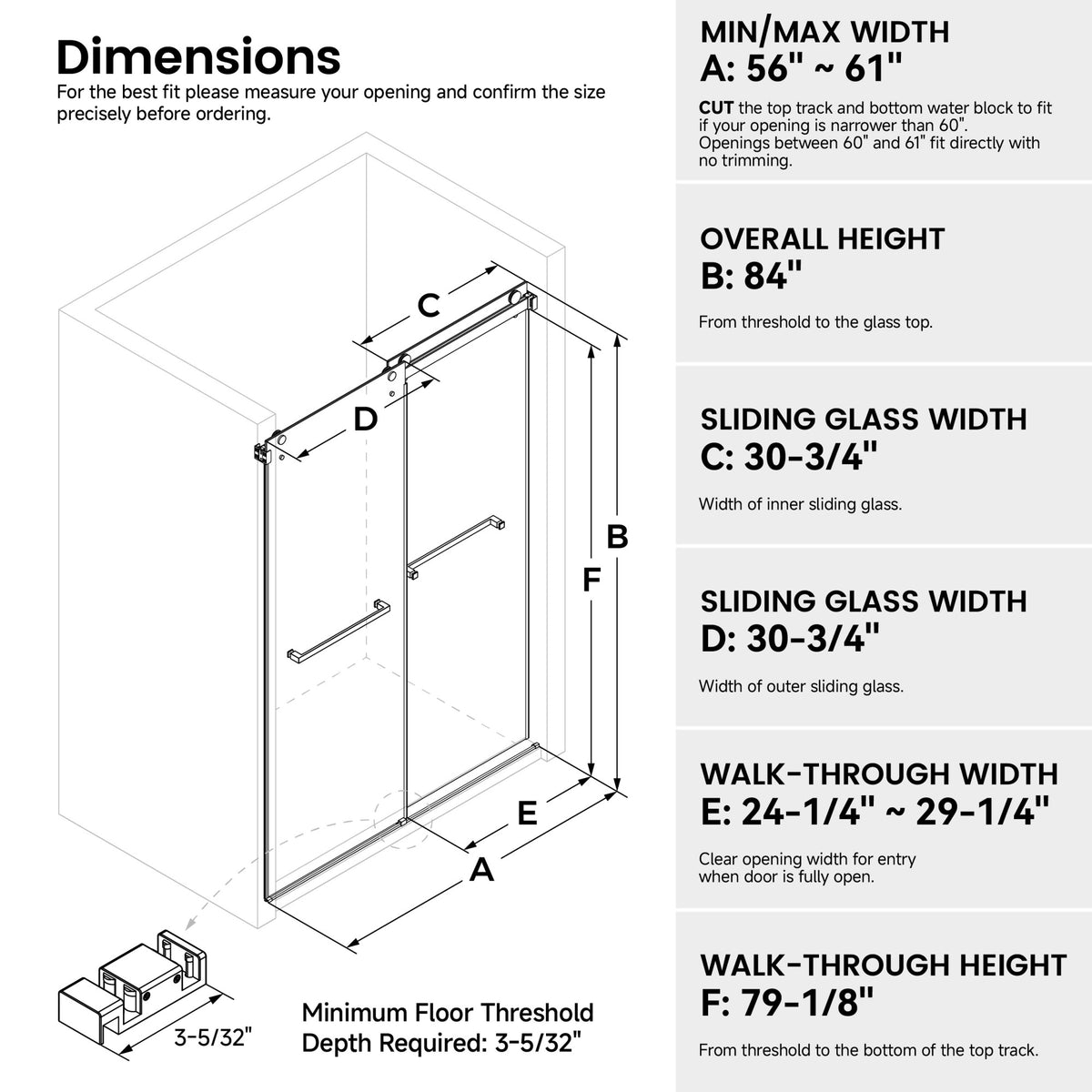 72 in. W × 76 in. H Frameless Double Sliding Shower Door