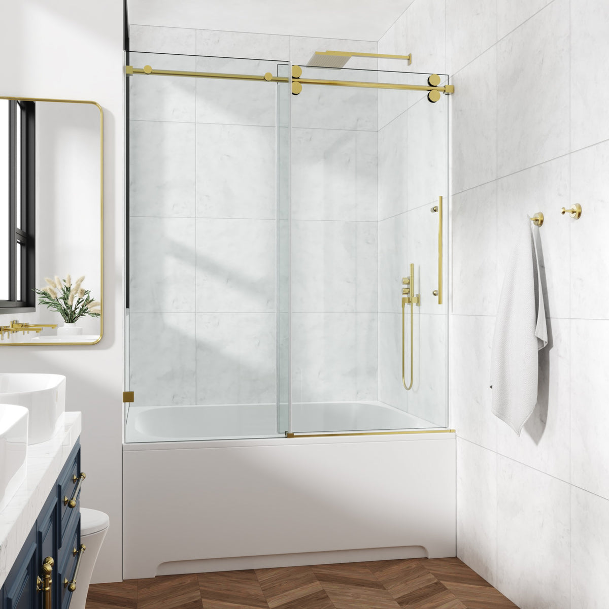 78 in. W × 76 in. H Frameless Sliding Shower Door with Adjustable Rollers