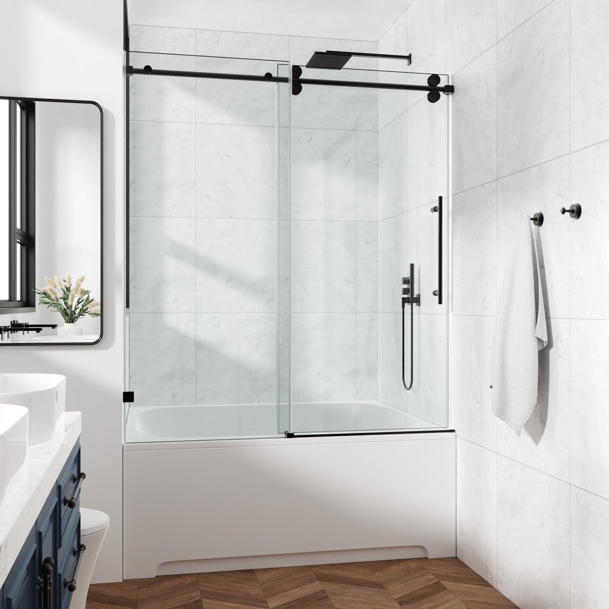 78 in. W × 76 in. H Frameless Sliding Shower Door with Adjustable Rollers