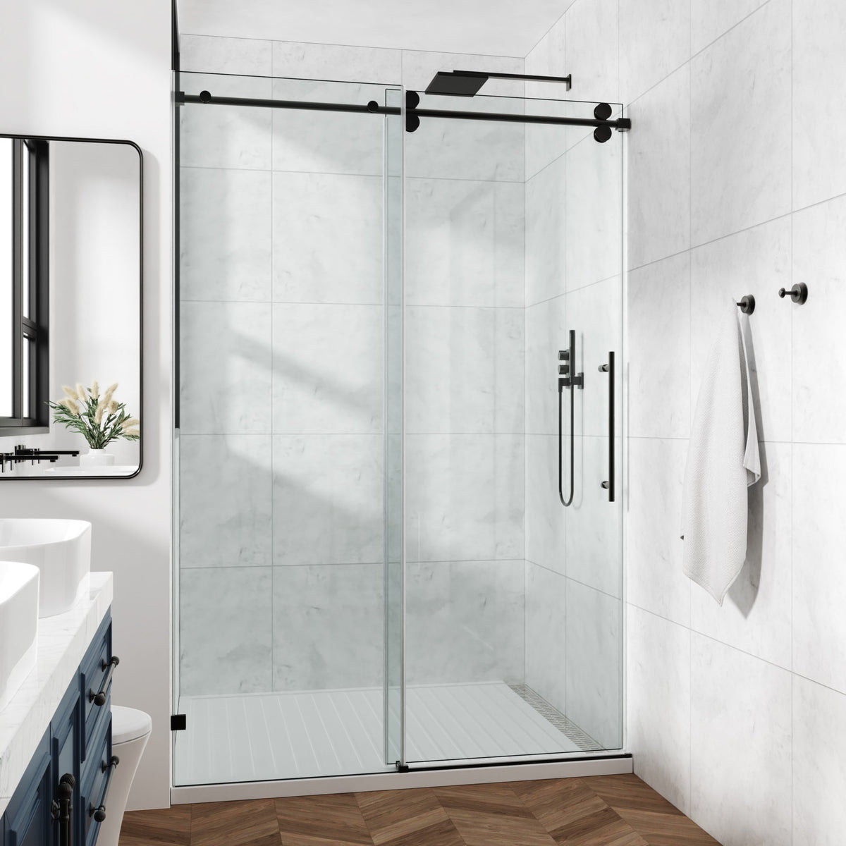 78 in. W × 76 in. H Frameless Sliding Shower Door with Adjustable Rollers