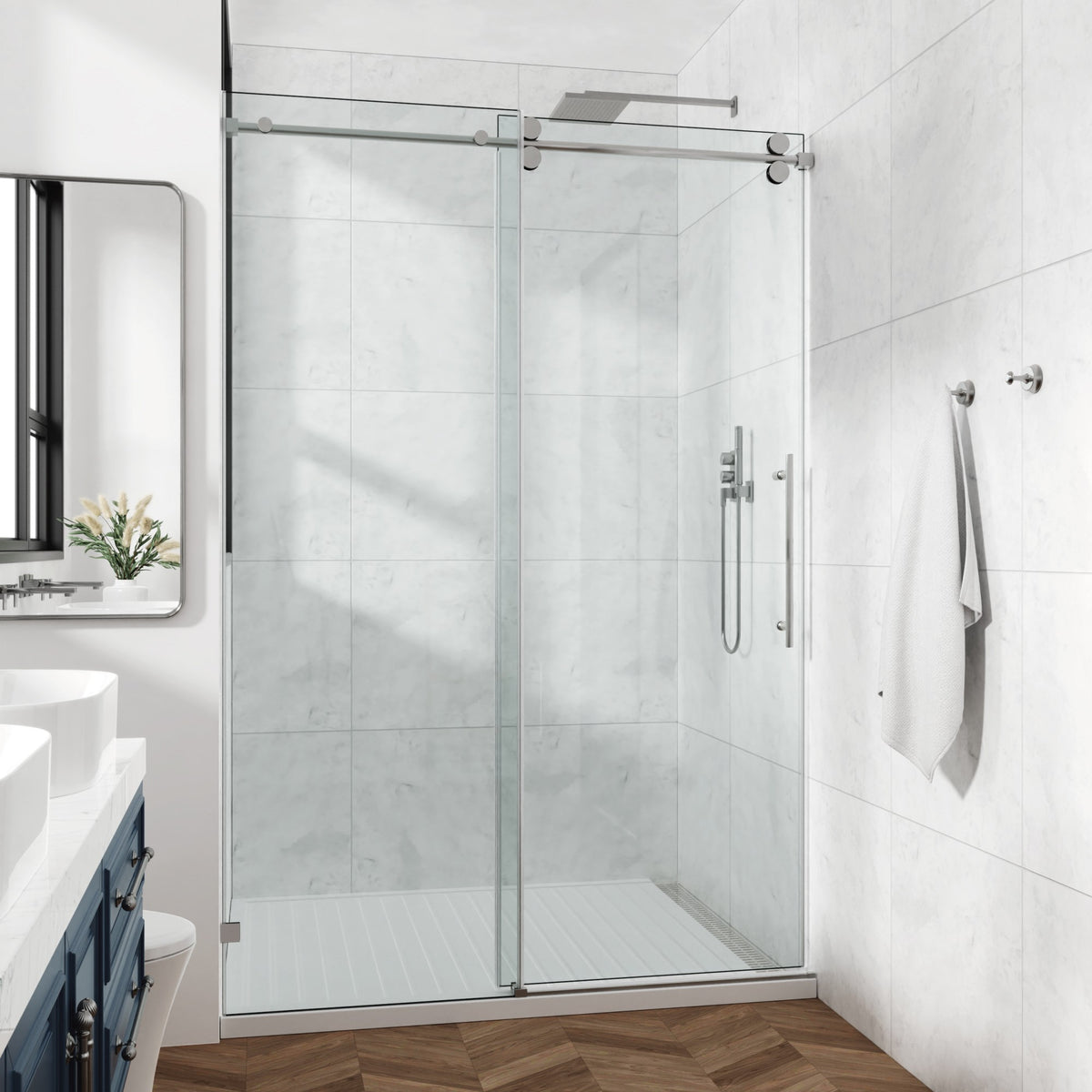 78 in. W × 76 in. H Frameless Sliding Shower Door with Adjustable Rollers