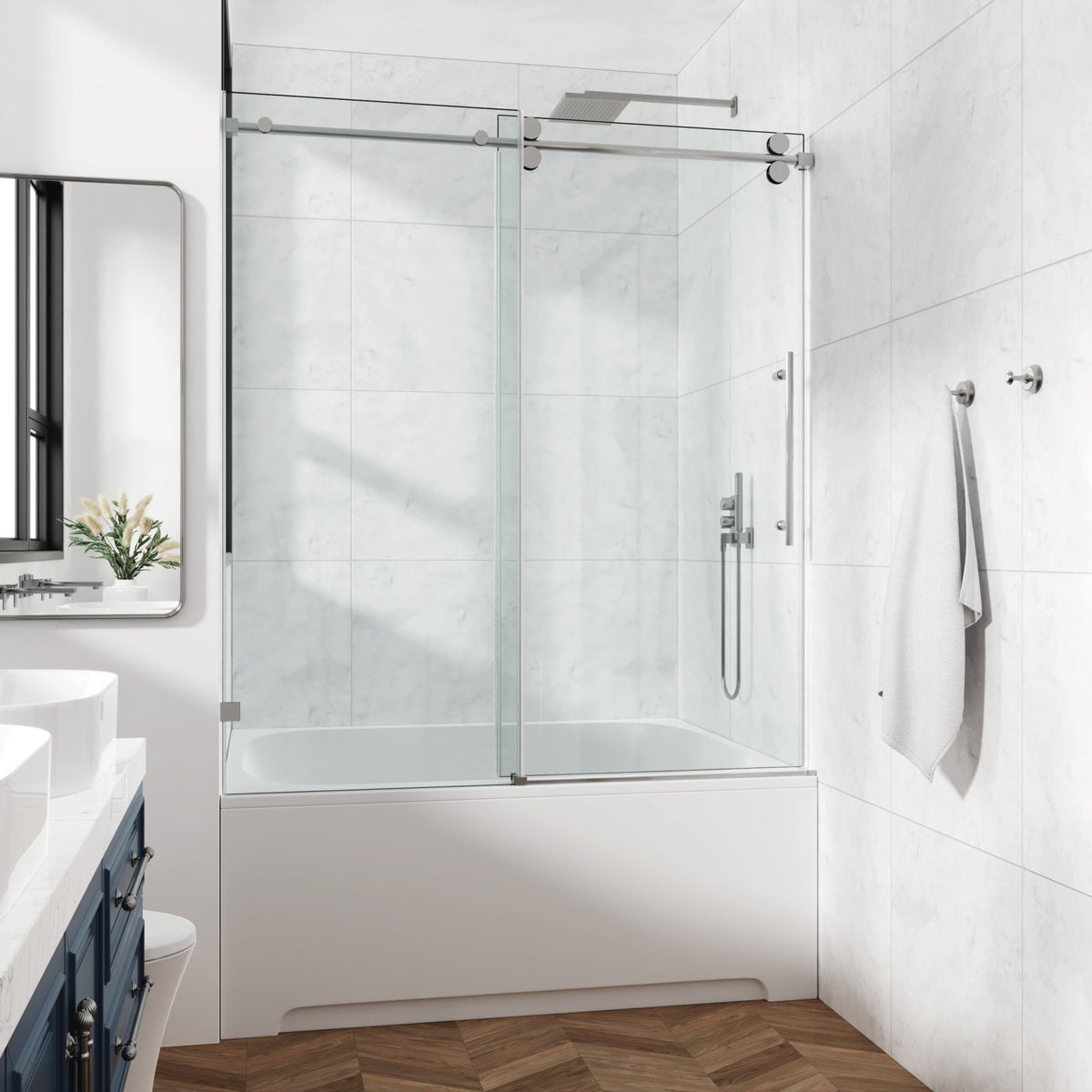 78 in. W × 76 in. H Frameless Sliding Shower Door with Adjustable Rollers