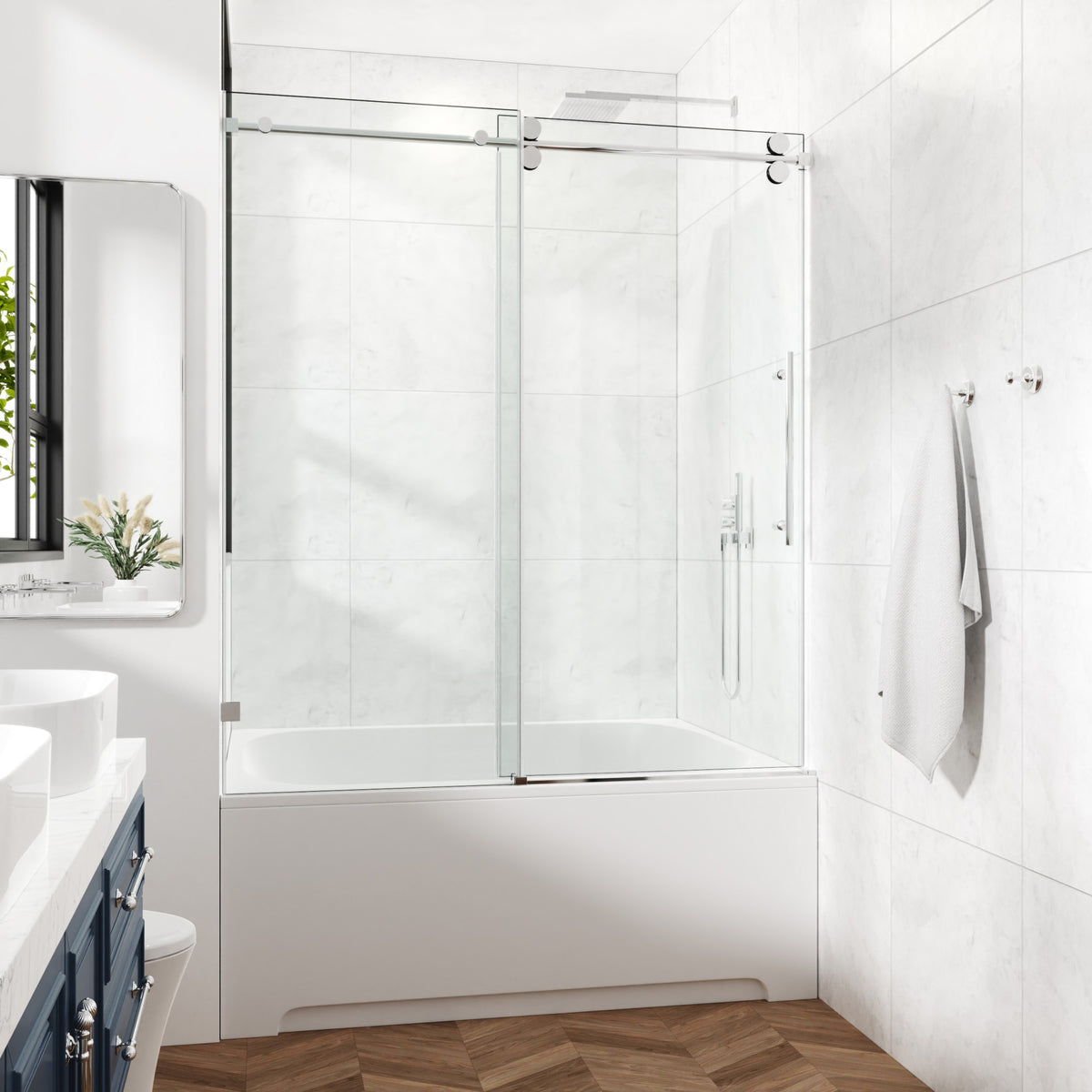78 in. W × 76 in. H Frameless Sliding Shower Door with Adjustable Rollers